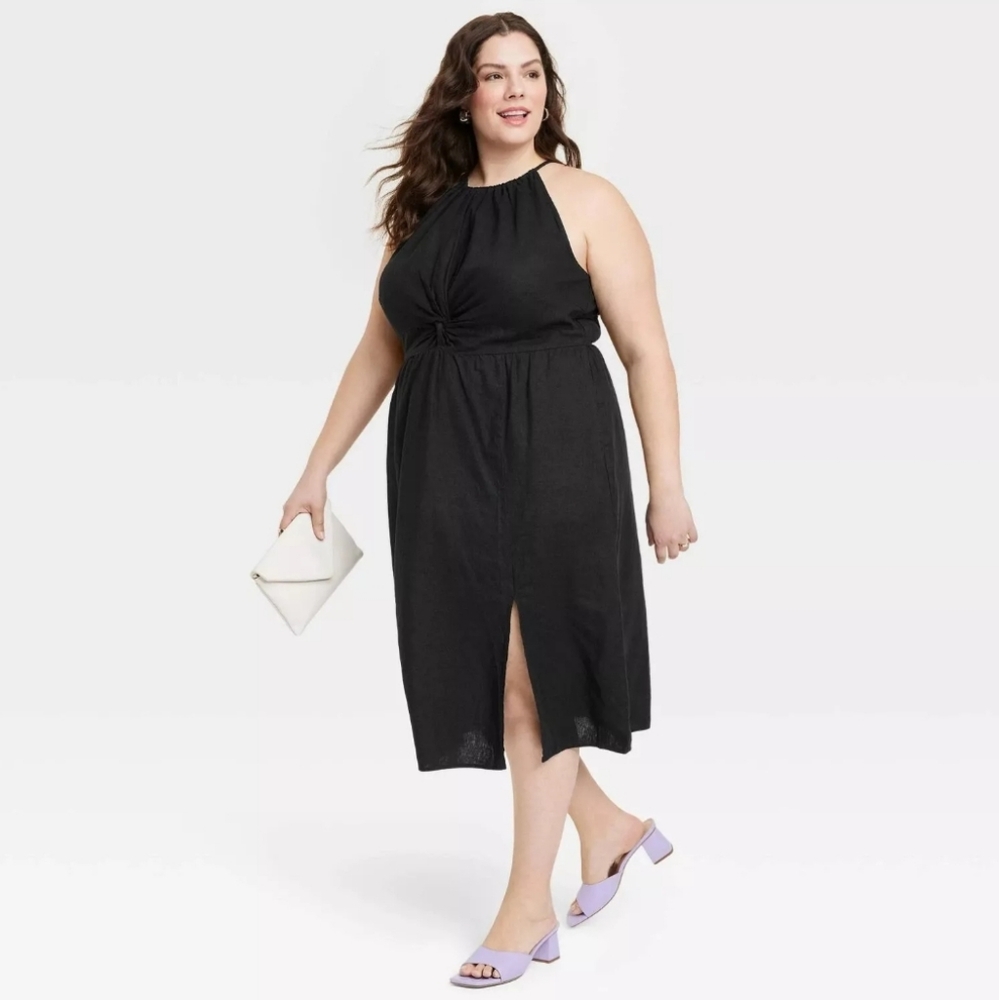 Ava & Viv NWT Halter Neck A Line Linen Blend Dress Womens Size 1X Black
